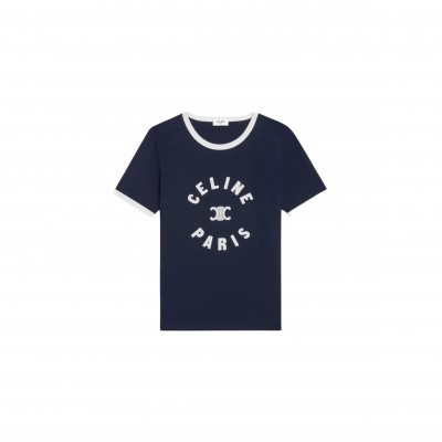 CELINE TRIOMPHE T-SHIRT IN COTTON JERSEY BLUE PETROL-OFF WHITE 2X14O671Q.07FZ